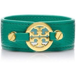Tory Burch Teal Skinny Logo Double Snap Cuff